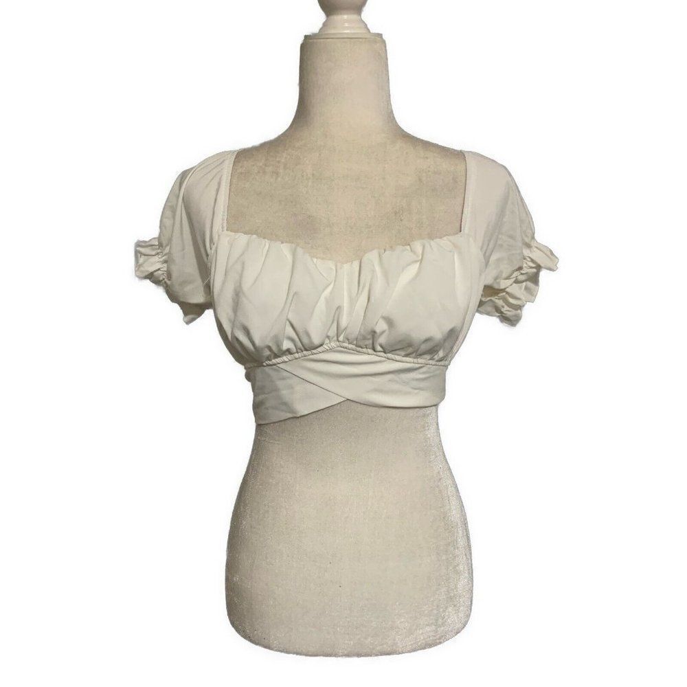 Lyaner Womens Solid White Crop Short Sleeve Top Blouse Waist Tie Medium